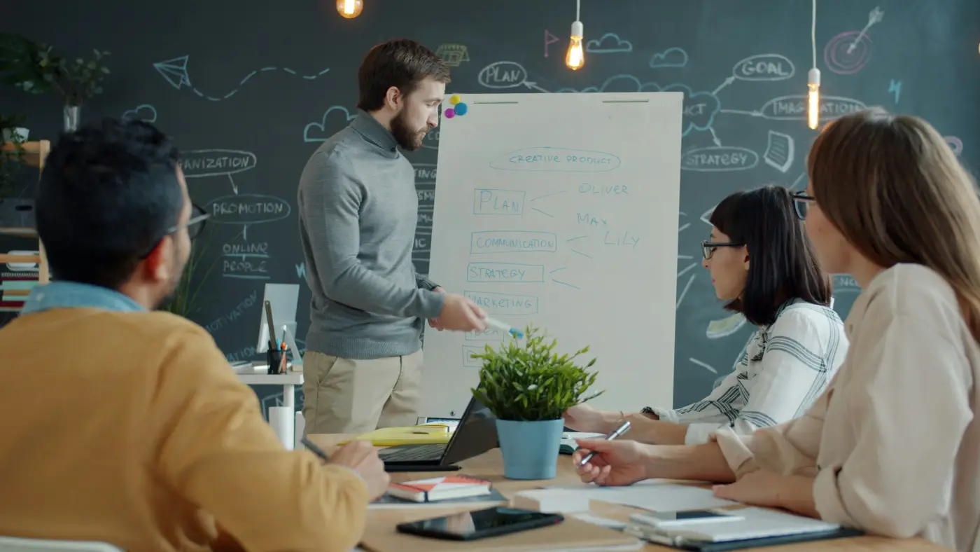 A team around a whiteboard in an office while one of them presents a plan